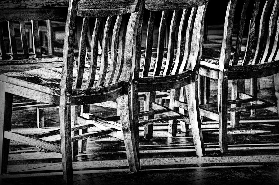 Wooden Chair Patterns of Light and Shadow in Black and White Photograph by Randall Nyhof