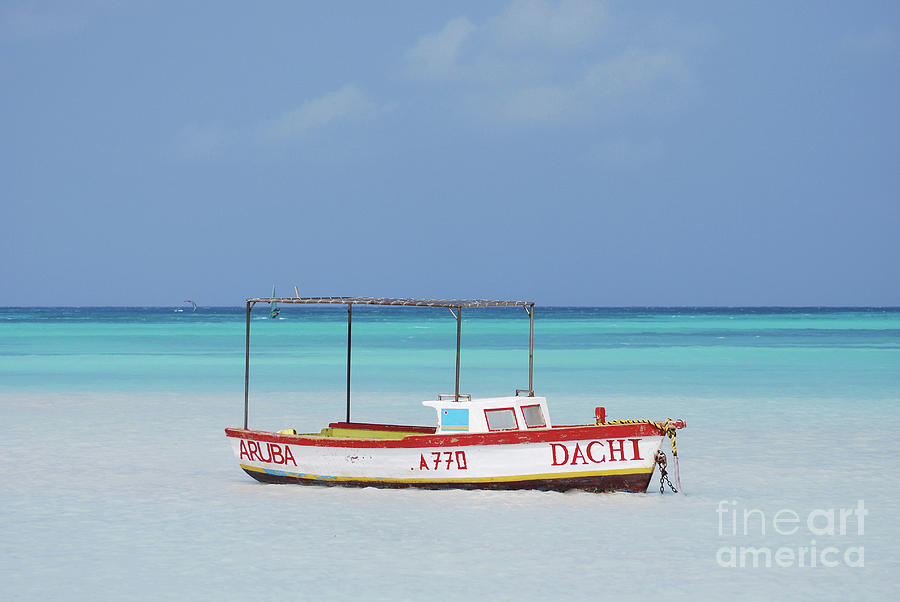 Wooden Fishing Boat off of Palm Beach in Aruba Photograph by DejaVu Designs