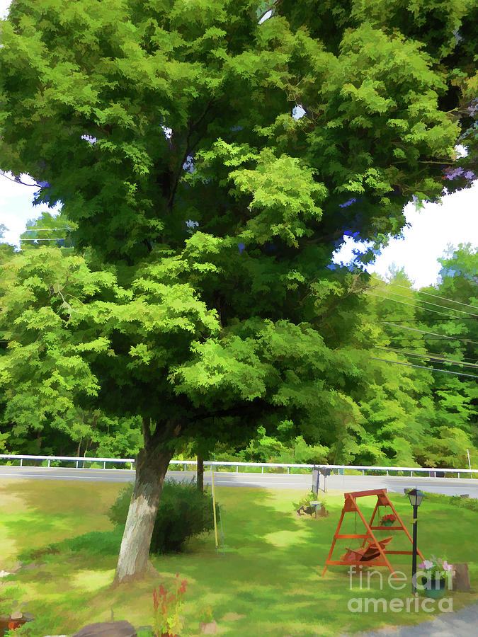 Wooden garden swing under maple tree Painting by Jeelan Clark