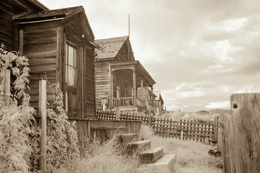 Wooden homes in Bodie, California in black and white Photograph by Karen Foley