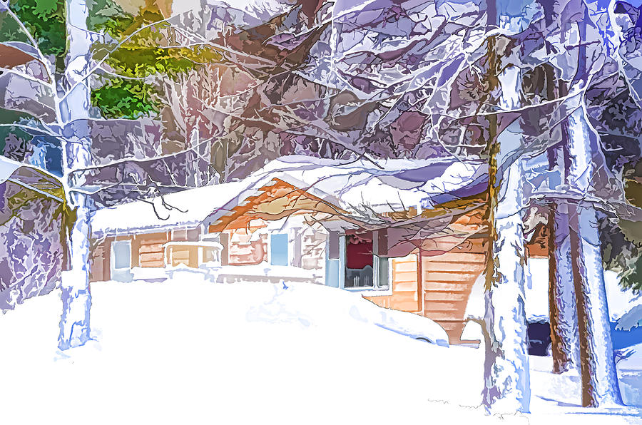 Wooden house in winter forest Painting by Jeelan Clark