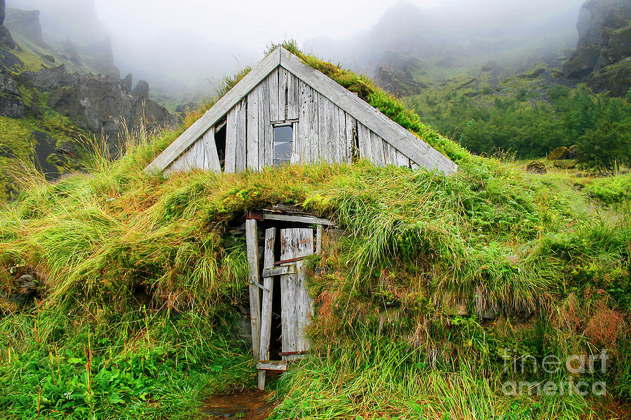 Wooden house isolated with grass in Iceland Photograph by Patricia Hofmeester