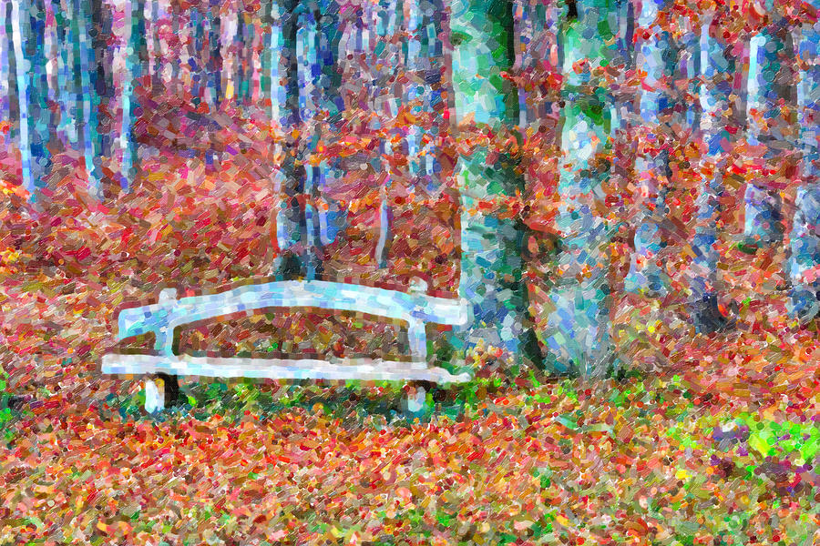 Wooden park bench in dry leaves  Painting by Jeelan Clark