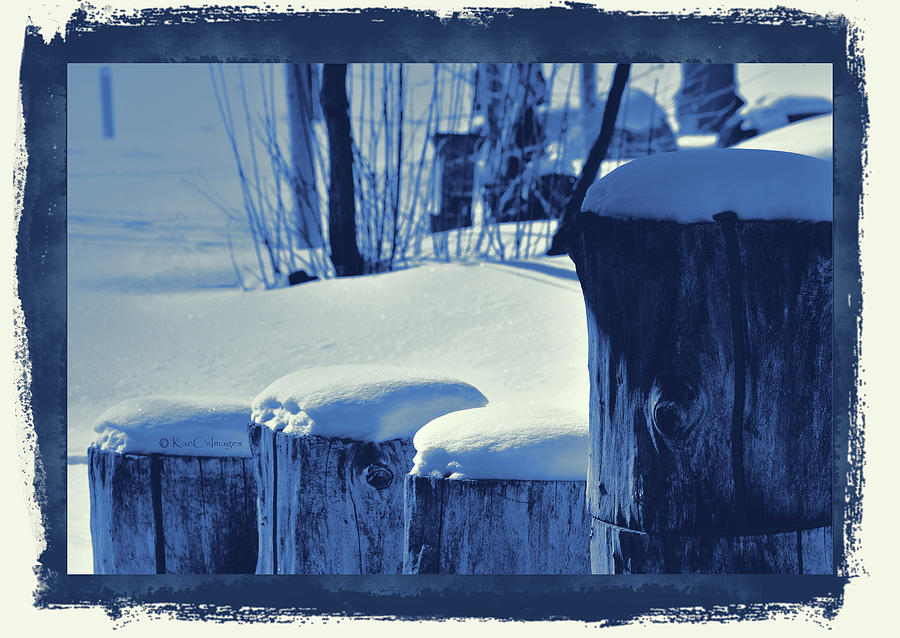 Wooden Posts in snow - Digital Cyanotype Photograph by Kae Cheatham