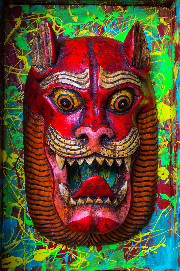 Wooden Red Cat Mask Photograph by Garry Gay