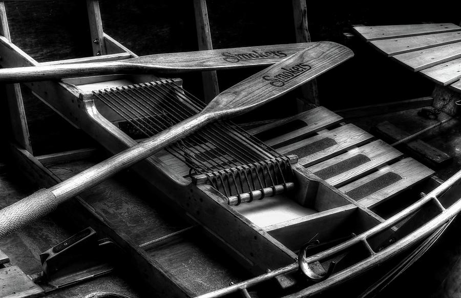 Wooden Rowboat And Oars In Black And White Photograph by Carol Montoya