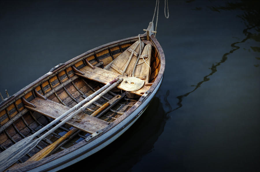 Wooden Rowboat Dingy in the Harbor at Jamestown Photograph by Randall Nyhof