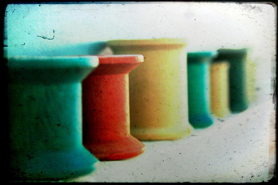 Vintage Photograph - Wooden Sewing Spools by Toni Hopper
