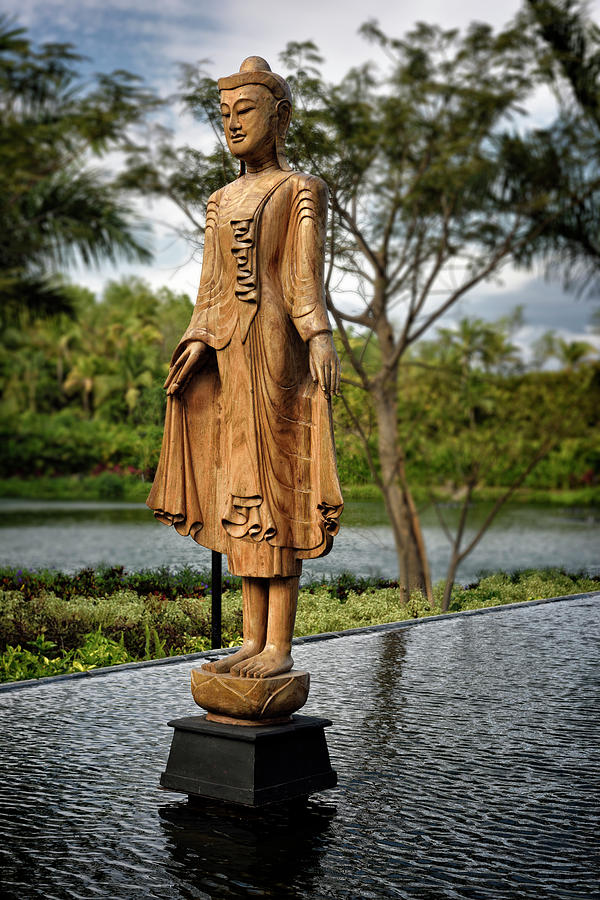 Wooden Photograph - Wooden statue of an asian woman in traditional clothes over a po by Reimar Gaertner