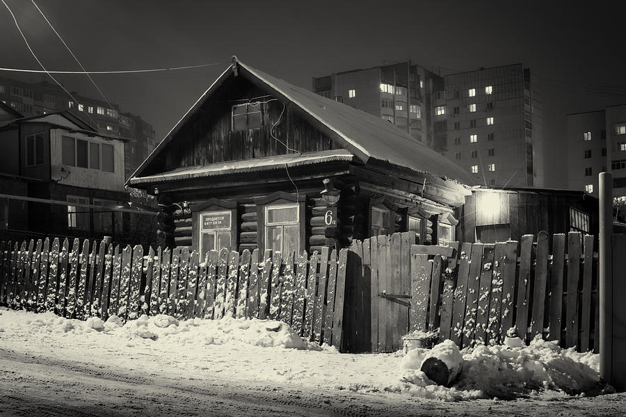 Wooden Village Home in Night Winter Snow Photograph by John Williams