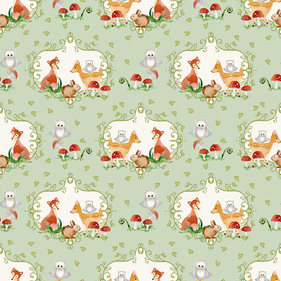 Woodland Fairy Tale - Mint Green Sweet Animals Fox Deer Rabbit owl - Half Drop Repeat Painting by Audrey Jeanne Roberts