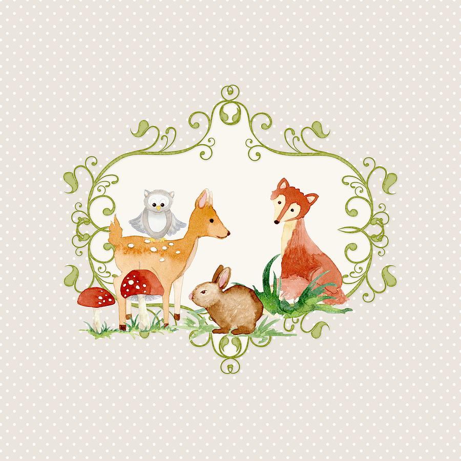 Woodland Fairytale - Grey Animals Deer Owl Fox Bunny n Mushrooms Painting by Audrey Jeanne Roberts