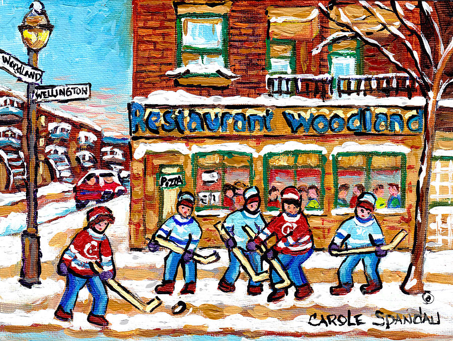 Woodland Pizza Restaurant Verdun Street Hockey Scene Montreal Winter City Paintings  C Spandau       Painting by Carole Spandau