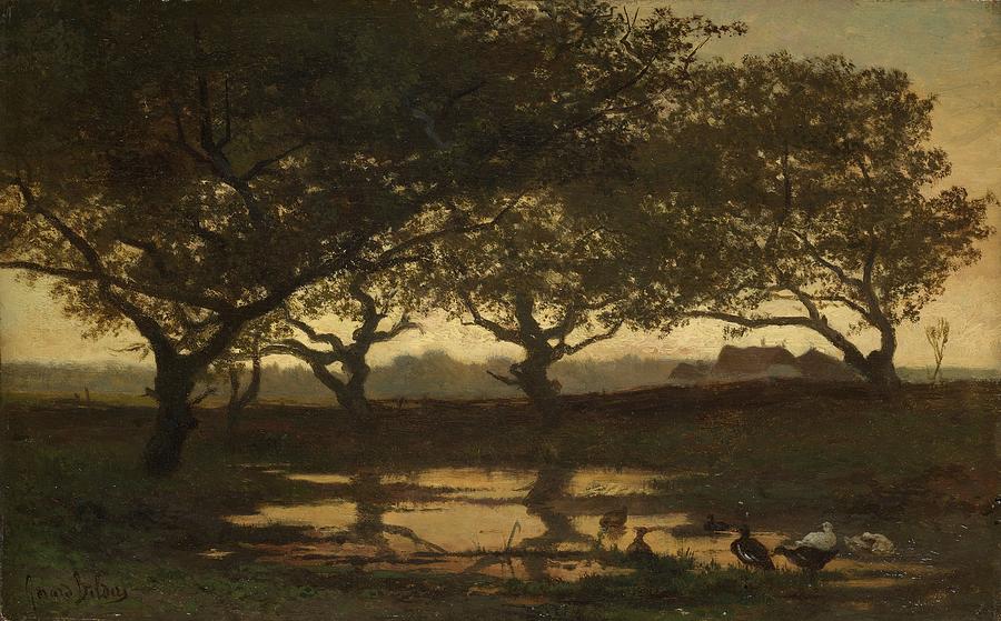 Woodland Pond at Sunset, 1862 Painting by Vincent Monozlay