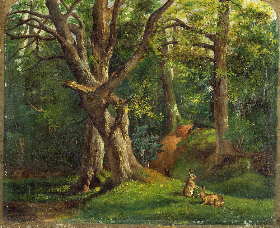 Woodland scene with rabbits Painting by Hubert von Herkomer