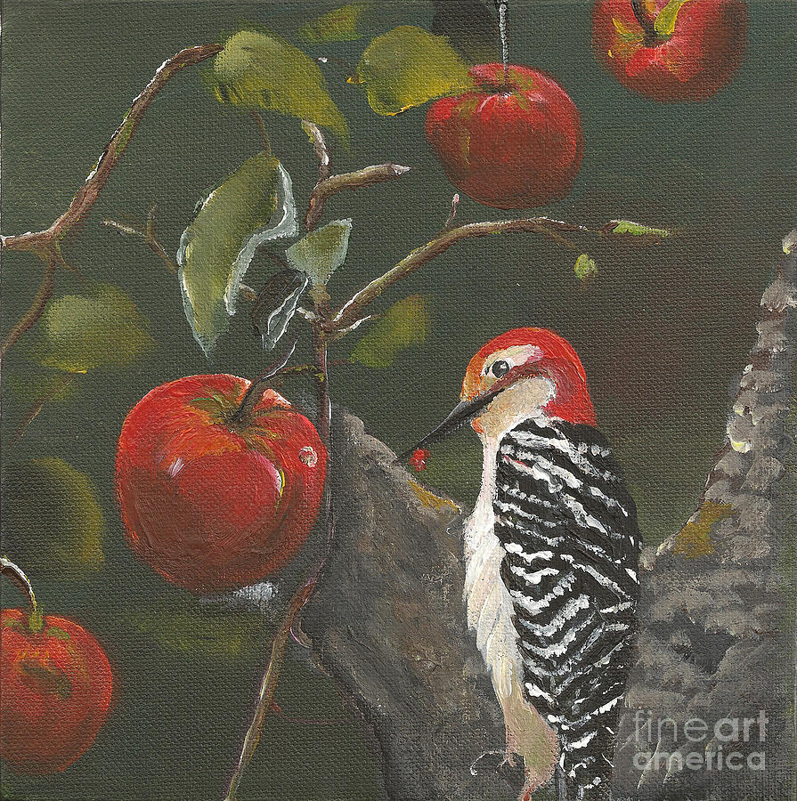 Woodpecker in Apple Tree Painting by Jan Dappen
