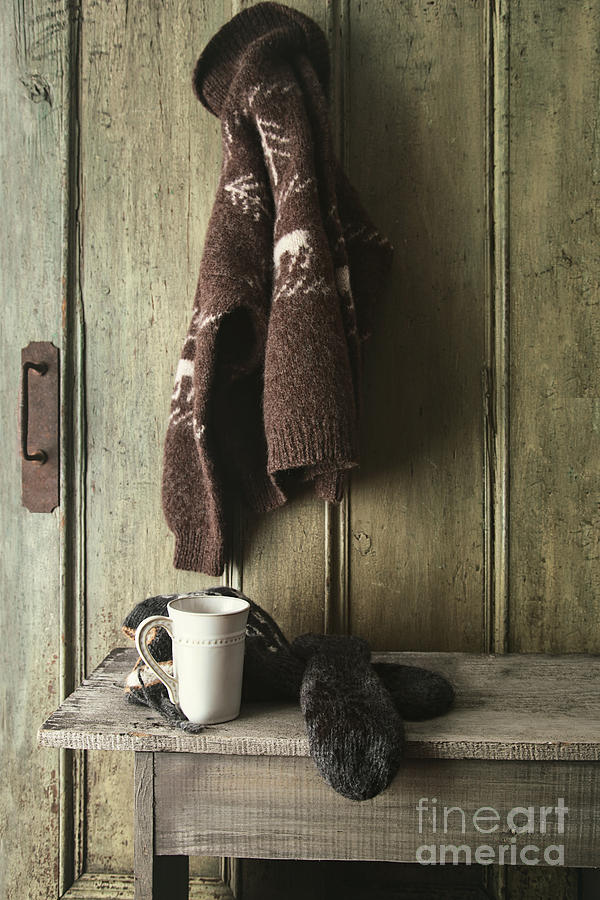 Wool sweater with coffee mug on gray bench Photograph by Sandra Cunningham