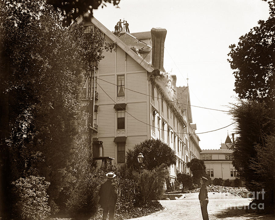 Work Photograph - Work men removing weakened chimney at Hotel Del Monte, Monterey  April 1906 by Monterey County Historical Society