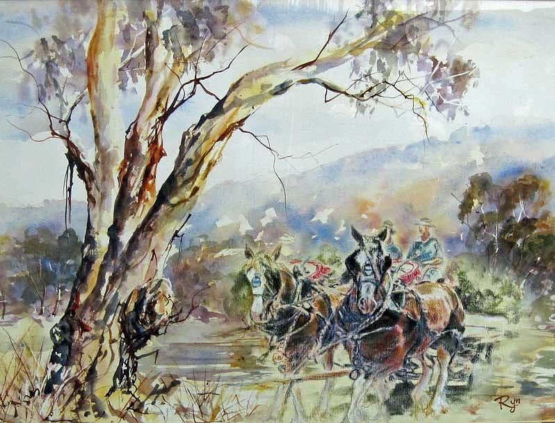 Working Clydesdale pair, Australian landscape. Painting by Ryn Shell