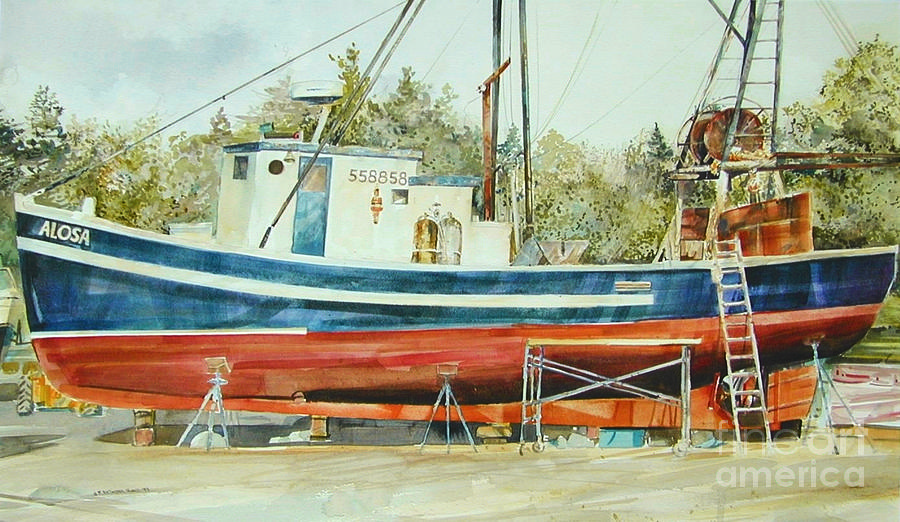 Boat Painting - Working on Alosa  by P Anthony Visco