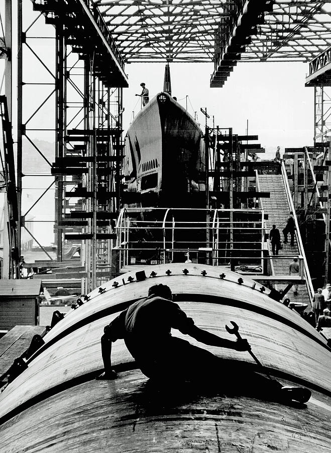 Vintage Photograph - Working On Submarine 1943 by Mountain Dreams