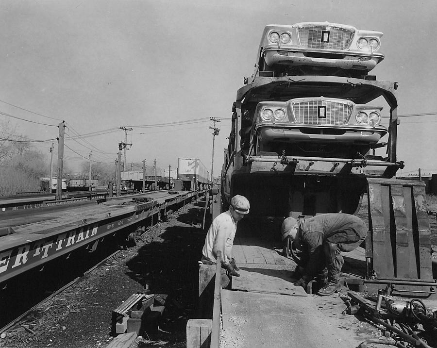 Working With Automobile Freight on Train - 1960 Photograph by Chicago and North Western Historical Society