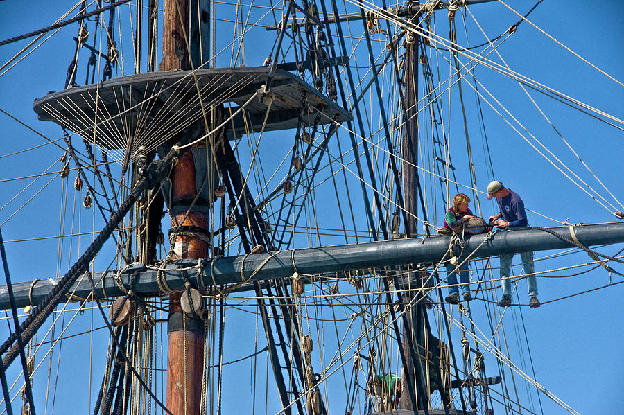 Workmen on the Masts and Rigging of the Historical Boat The Star of India Photograph by Randall Nyhof