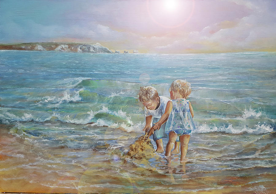 Children On The Beach Painting - World in a Grain of Sand by Penny Golledge
