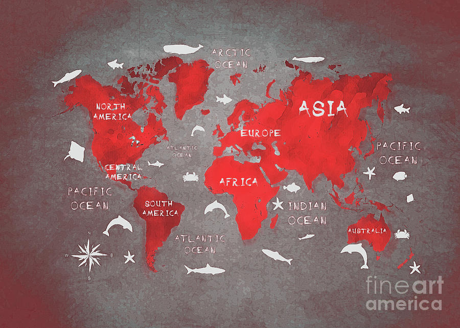 World Map 48 Red Digital Art