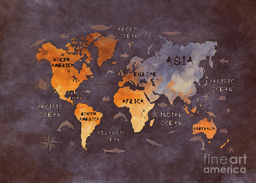 World Map 51 Orange Digital Art by Justyna Jaszke JBJart