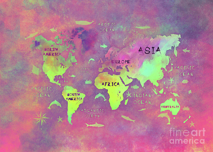 World Map 52 Purple Digital Art by Justyna Jaszke JBJart