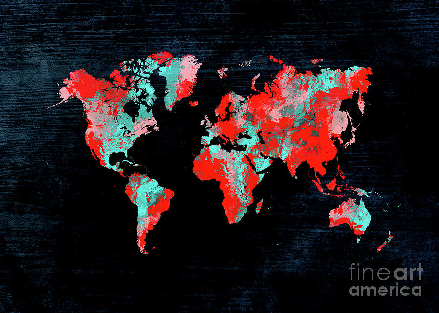 World Map 77 Blue Red Digital Art by Justyna Jaszke JBJart