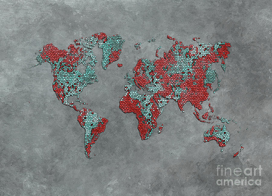 World Map 78 Grey Red Digital Art by Justyna Jaszke JBJart