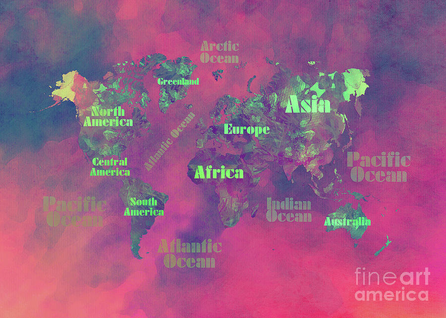 Typography Digital Art - World Map 83 Pink Green by Justyna Jaszke JBJart
