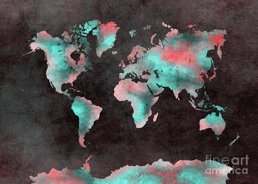 World Map Art 61 Blue Red Digital Art by Justyna Jaszke JBJart