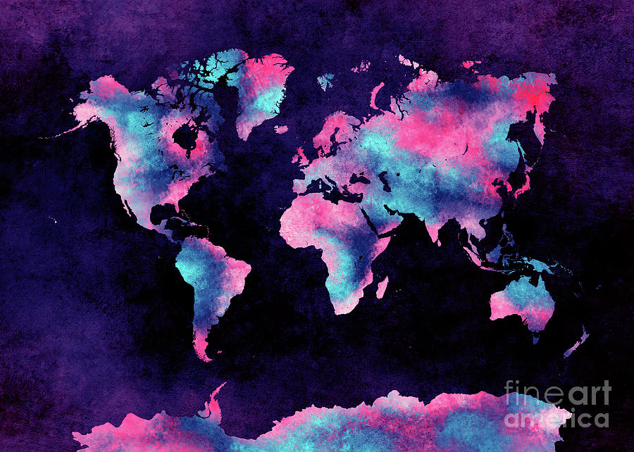World Map Art 62 Blue Pink Digital Art by Justyna Jaszke JBJart