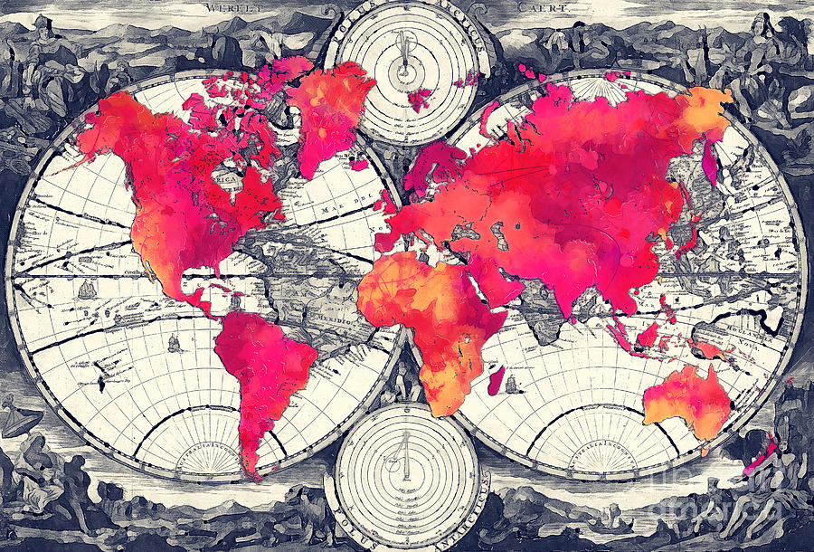 Map Digital Art - World map art red by Justyna Jaszke JBJart