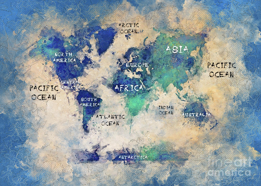 World Map Art  Watercolor Digital Art by Justyna Jaszke JBJart