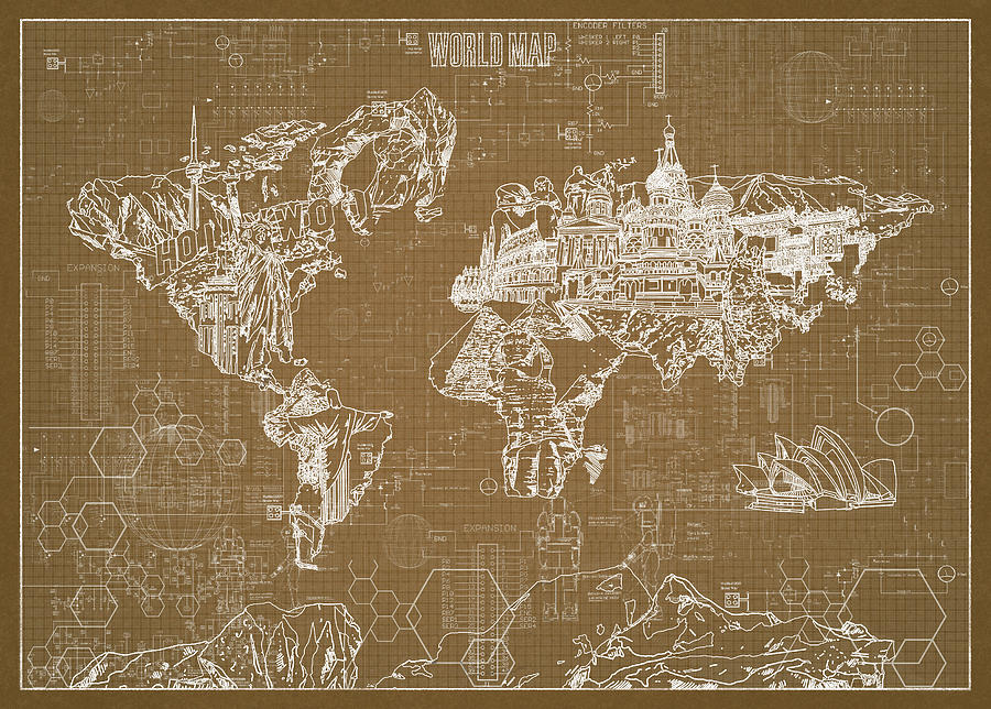 World Map Blueprint 4 Digital Art by Bekim M