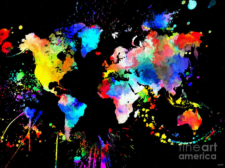 World Map Colored Black Mixed Media