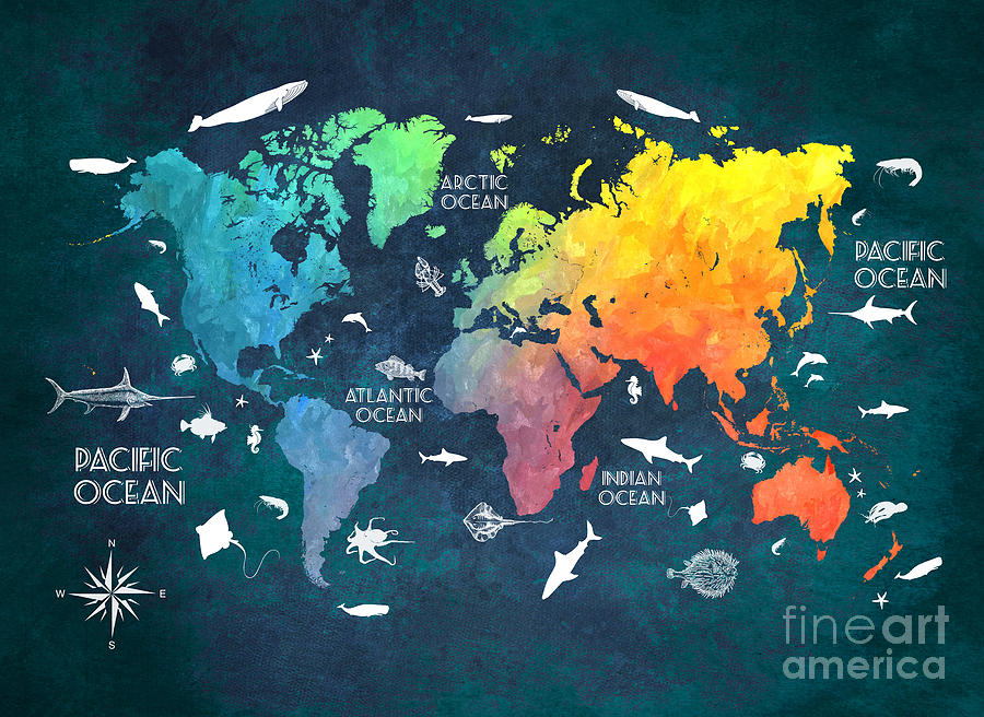 World Map colored oceans Digital Art by Justyna Jaszke JBJart