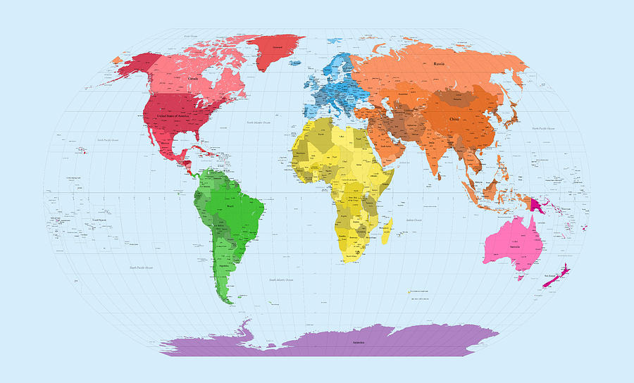 World Map Continents Digital Art by Michael Tompsett