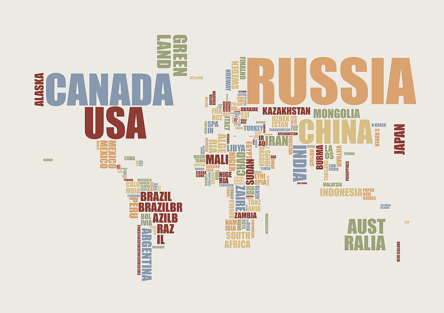 Country Map Digital Art - World Map in Words 2 by Michael Tompsett