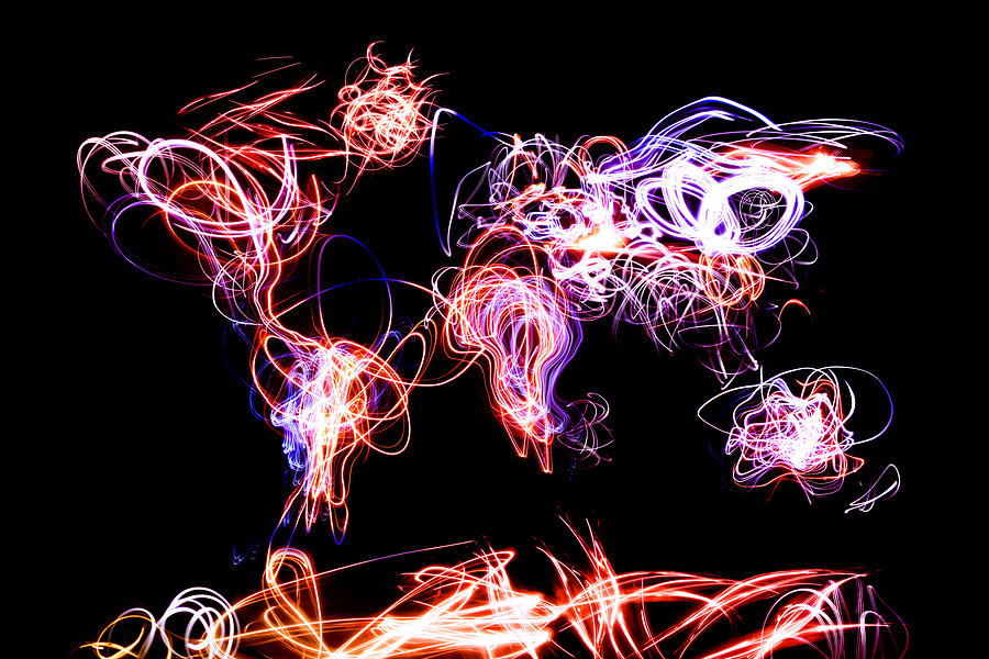 World Map Digital Art - World Map Light Writing by Michael Tompsett