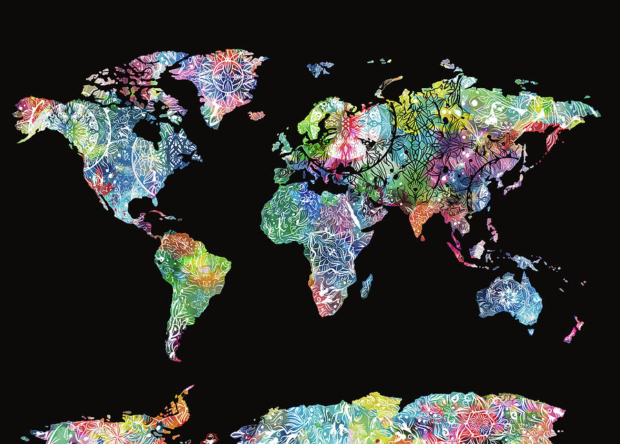 World Map Mandala Black Digital Art by Bekim M