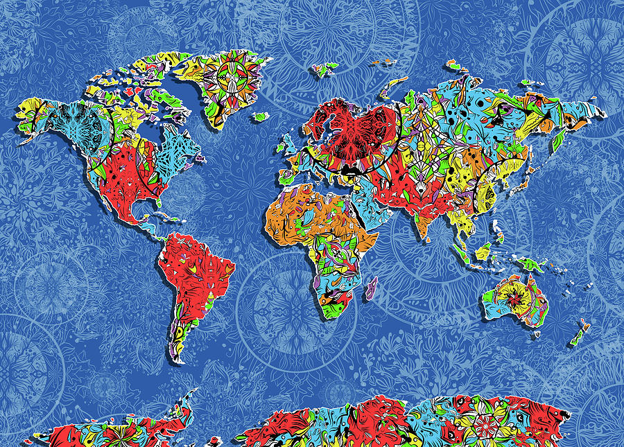 World Map Mandala Blue Digital Art