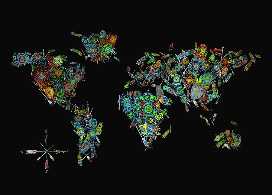 World Map Mandala Feathers 2 Digital Art
