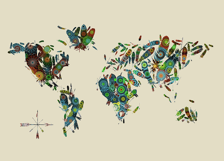 World Map Mandala Feathers 3 Digital Art by Bekim M
