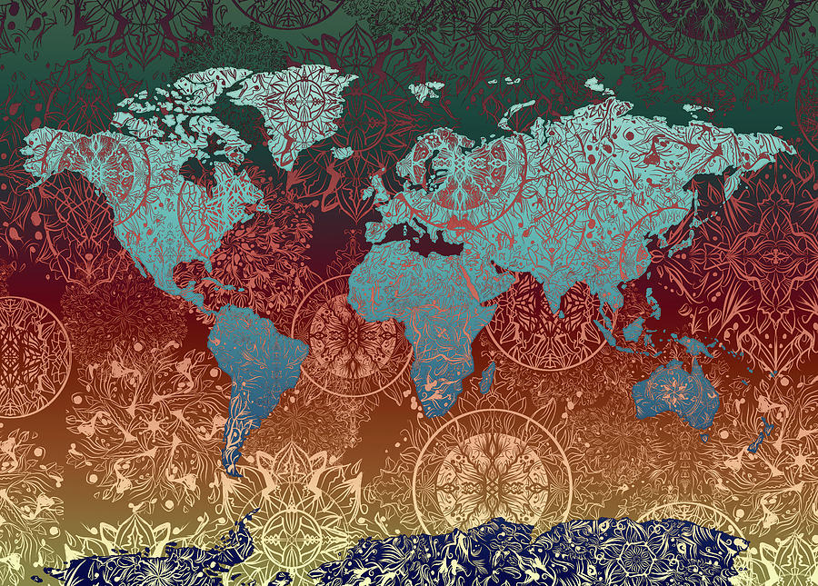 World Map Mandala Gold Green Digital Art by Bekim M