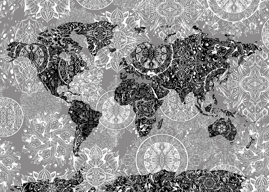 World Map Mandala Grey Digital Art